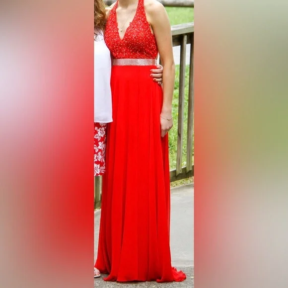 Mori Lee Dresses | Red V Neck Prom Dress with Open Back | Color: Red | Size: 6 | Ashlynj1298'S Closet
